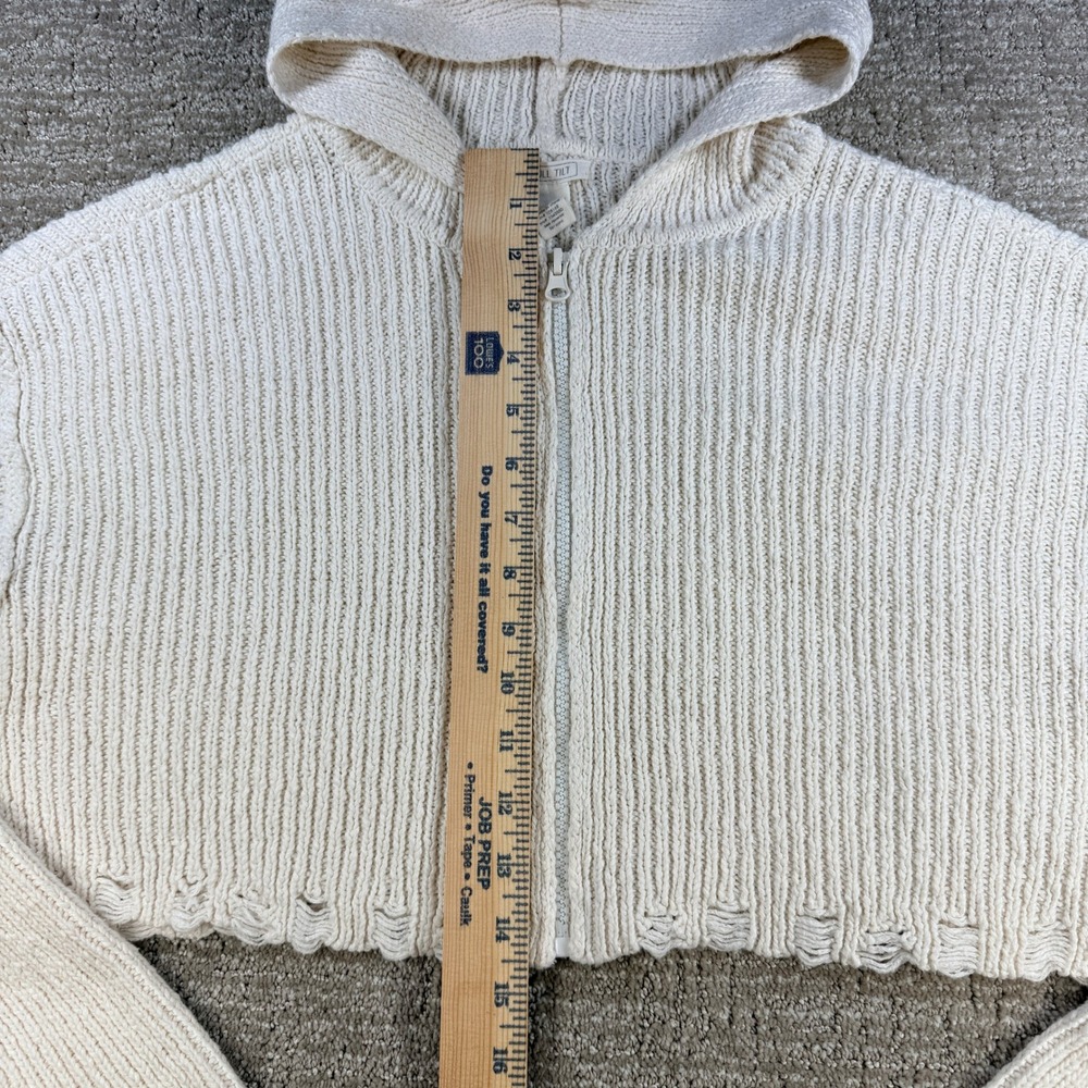 Full Tilt Cropped Knit Hoodie Sweater Womens M Ivory Zip Up Distressed Hem Y2K - Picture 11 of 11